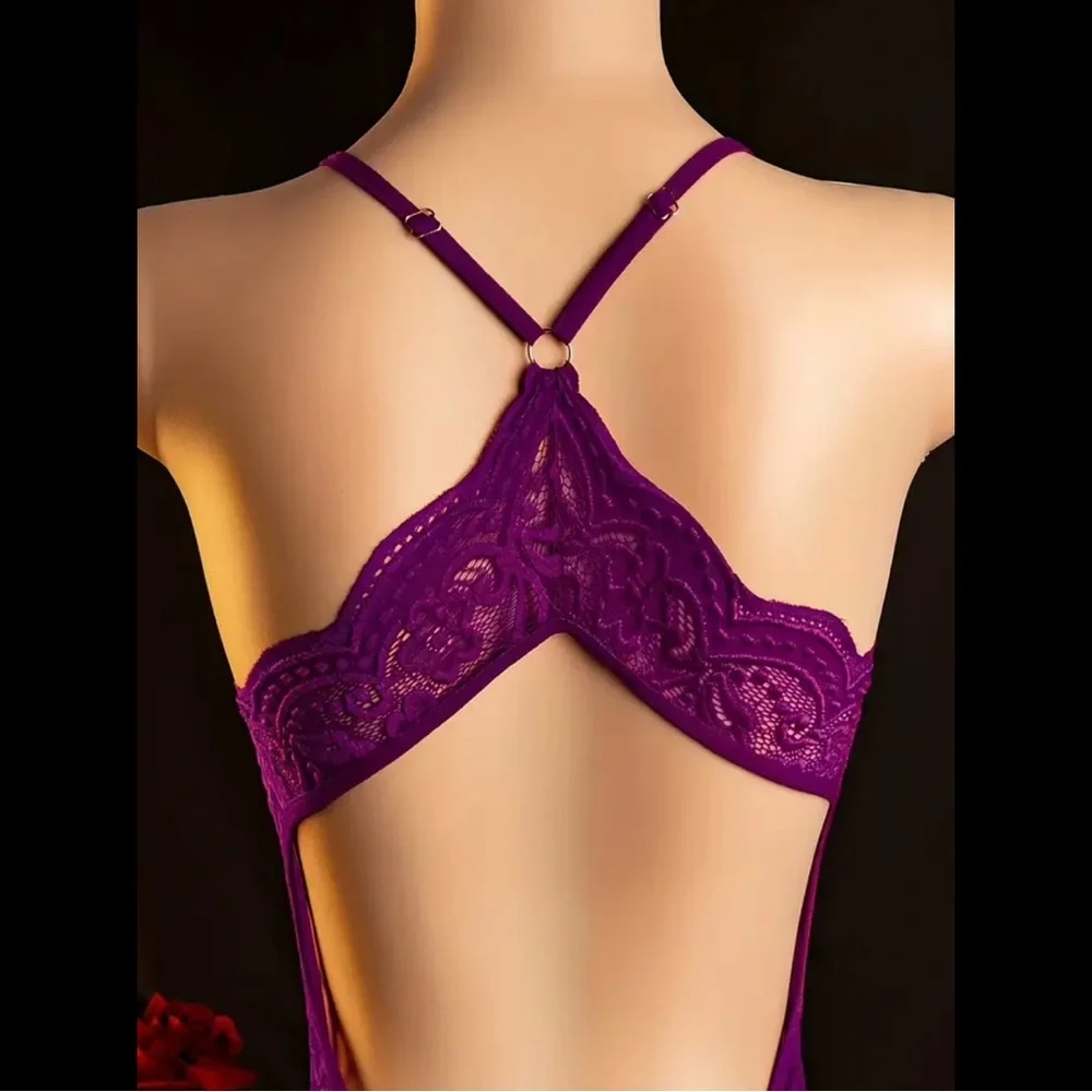 Purple Violet, Floral Lace, Sheer, Crotchless, Lingerie Set